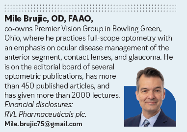 Mile Brujic, OD, FAAO, co-owns Premier Vision Group in Bowling Green, Ohio, where he practices full-scope optometry with an emphasis on ocular disease management of the anterior segment, contact lenses, and glaucoma. He is on the editorial board of several optometric publications, has more than 450 published articles, and has given more than 2000 lectures. Financial disclosures: RVL Pharmaceuticals plc
