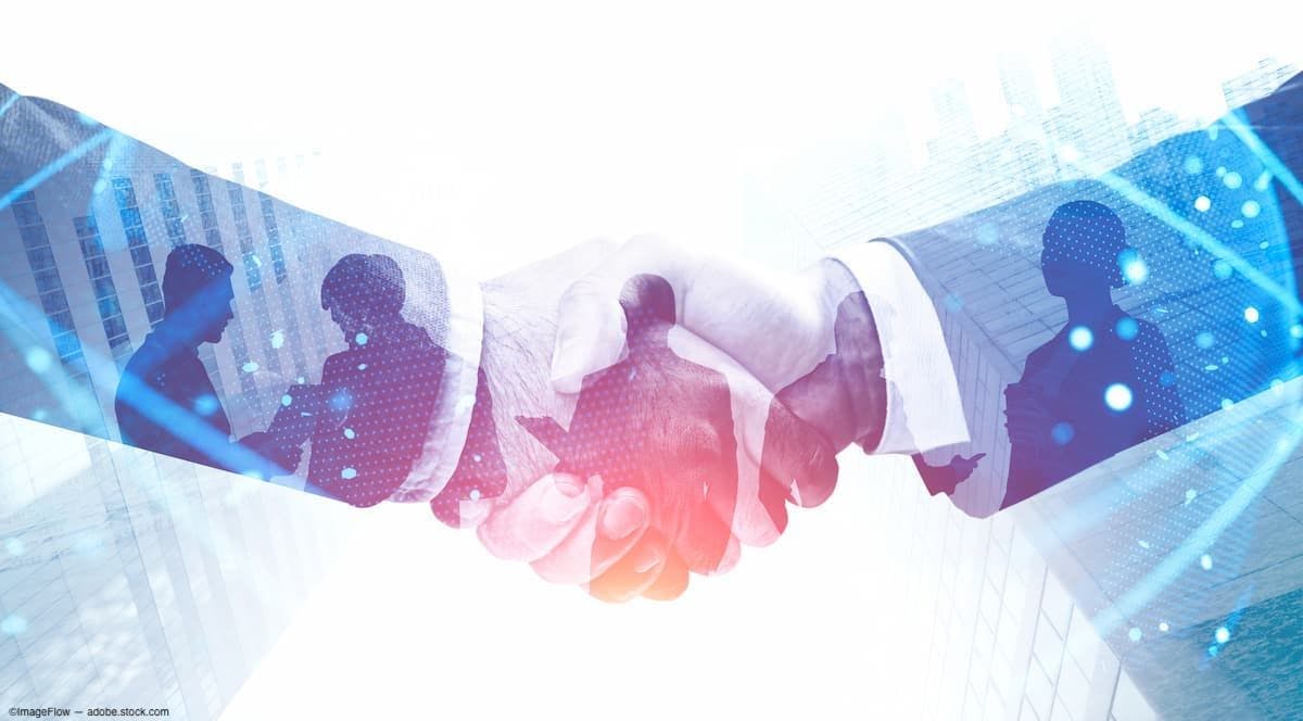 Two businessmen shaking hands with overlay of business meeting graphic Image Credit: AdobeStock/ImageFlow