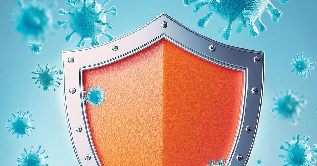 Orange shield of blue backdrop with bacterial illustrations Image Credit: AdobeStock/Jennifer Toomey/MJH Life Sciences