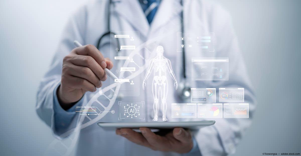 Doctor holding AI anatomy graphic on tablet Image credit: AdobeStock/Toowongsa